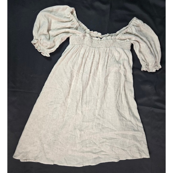 SUGAR+LIPS Dresses & Skirts - SUGAR+LIPS Off Shoulder Smocked Puff Sleeve Linen Blend Lined Dress Beige Size S